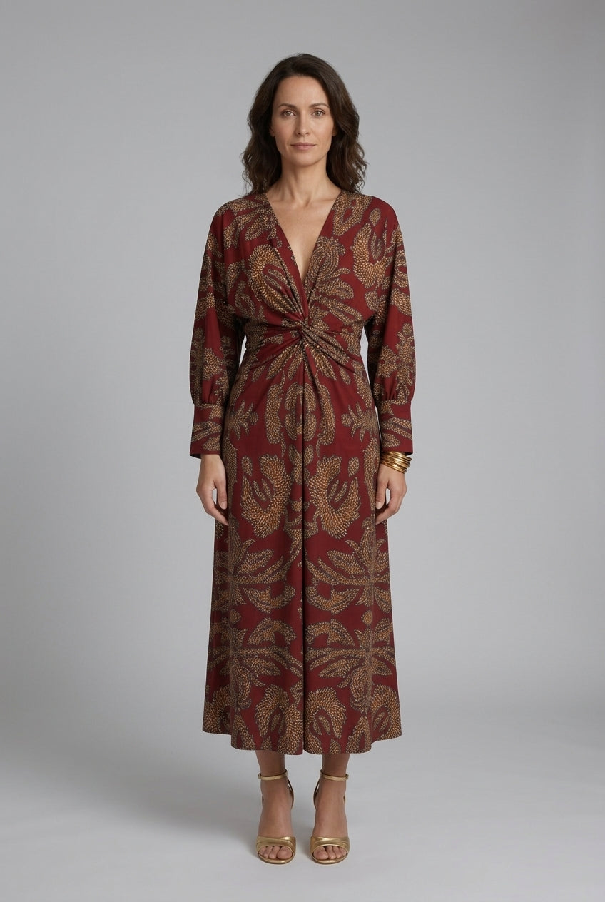 Elegant V-Neck A-Line Maxi Dress for Women, Long Sleeve Flowing Silhouette with Waist Detail, for Wedding, Evening & Spe
