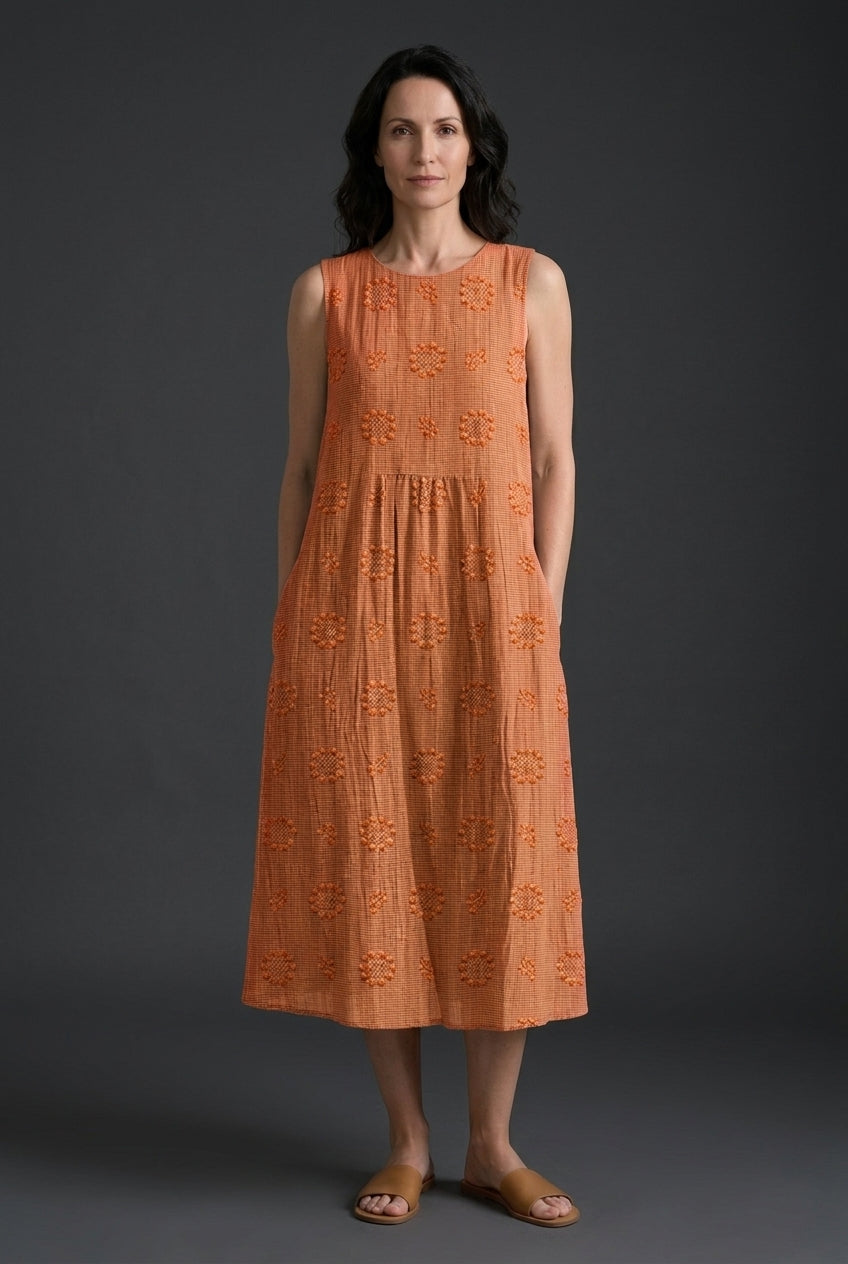 Elegant Midi Dress for Women, Lightweight Breathable Embroidered Sleeveless with Hidden Pockets, for Beach, Garden, Casu