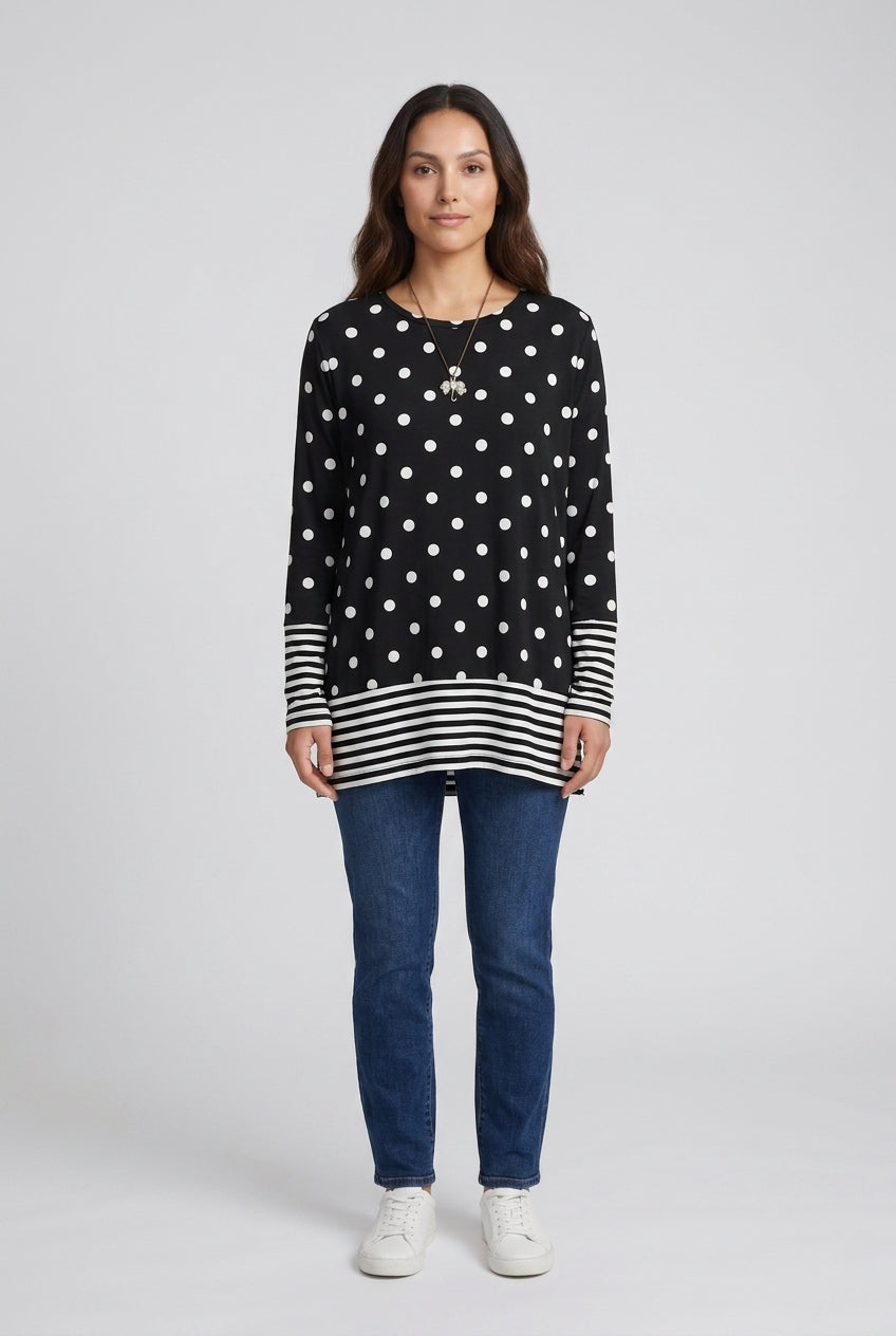 Playful Polka Dot Stripe Tunic T-Shirt for Women, Long-Sleeve Crew Neck Cotton Polyester Blend, for Summer, Casual & Eve