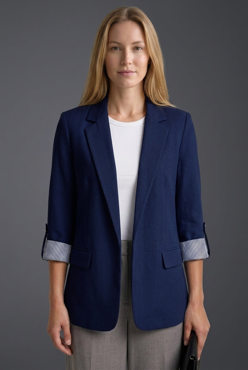 Enid | Women's Open Front Notch Lapel Striped Cuff Blazer Jacket