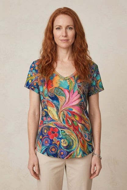 Colorful Abstract Print Women's V-Neck Short Sleeve Top