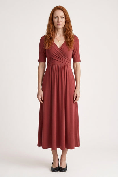 Casual V-Neck Midi Dress for Women, Wrap-Style Elbow-Sleeve Pleated with Pockets, for Office, Brunch, Lunch & Everyday W