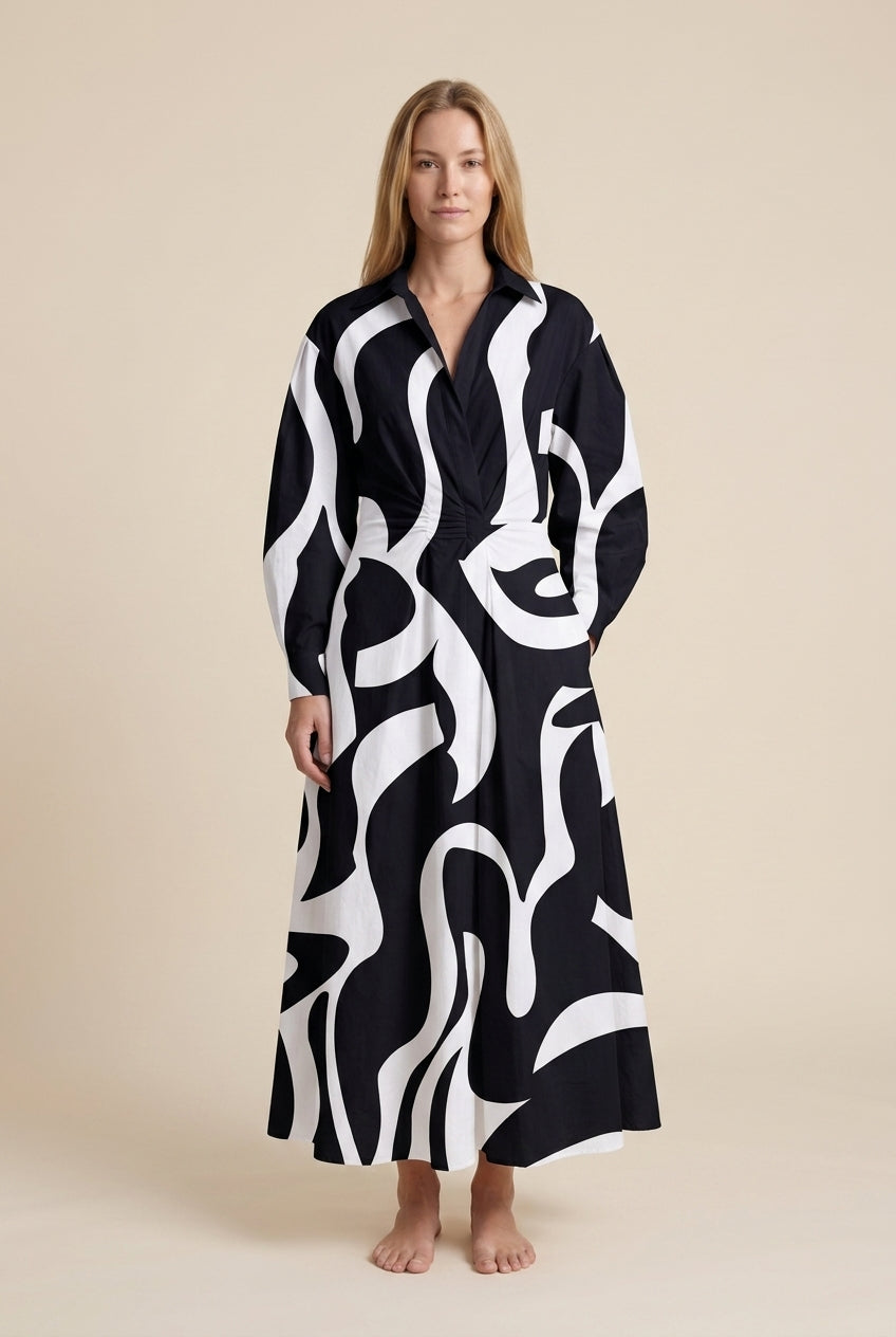 Elegant Front Wrap Collared Maxi Dress for Women, Flowing Long-Sleeve Sophisticated, for Work, Evening, Wedding Guest & 