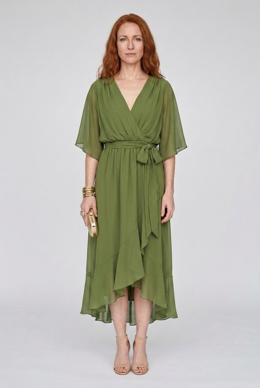 Elegant V-Neck Flowy Sleeve Dress for Women, Layered Textured Fringe Design, for Special Occasions, Dinners & Evening We