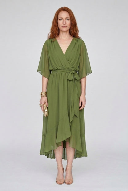 Elegant V-Neck Flowy Sleeve Dress for Women, Layered Textured Fringe Design, for Special Occasions, Dinners & Evening We