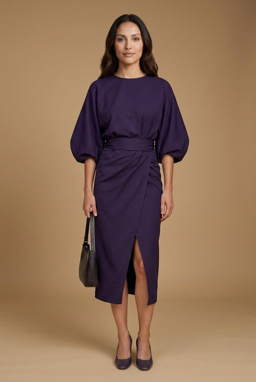 Elegant Lantern Sleeve Dress for Women, Lightweight Flowing Fabric Waist-Defining Belt, for Formal Events, Celebrations 