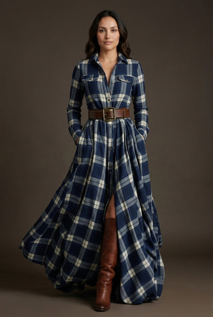 Belted Shirt Dress for Women, Plaid Tailored Flared Midi with Collar & Pockets, for Work, Brunch, Casual & Everyday Wear