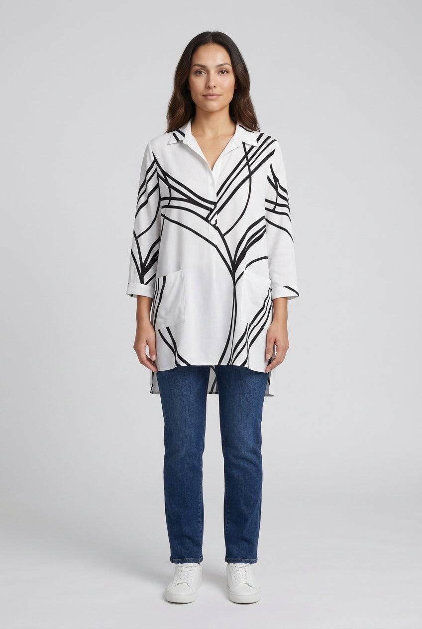 Abstract Stripe Lapel Long Sleeve Blouse for Women, Polyester Casual Loose Print, for Work, Casual, Travel & Everyday We