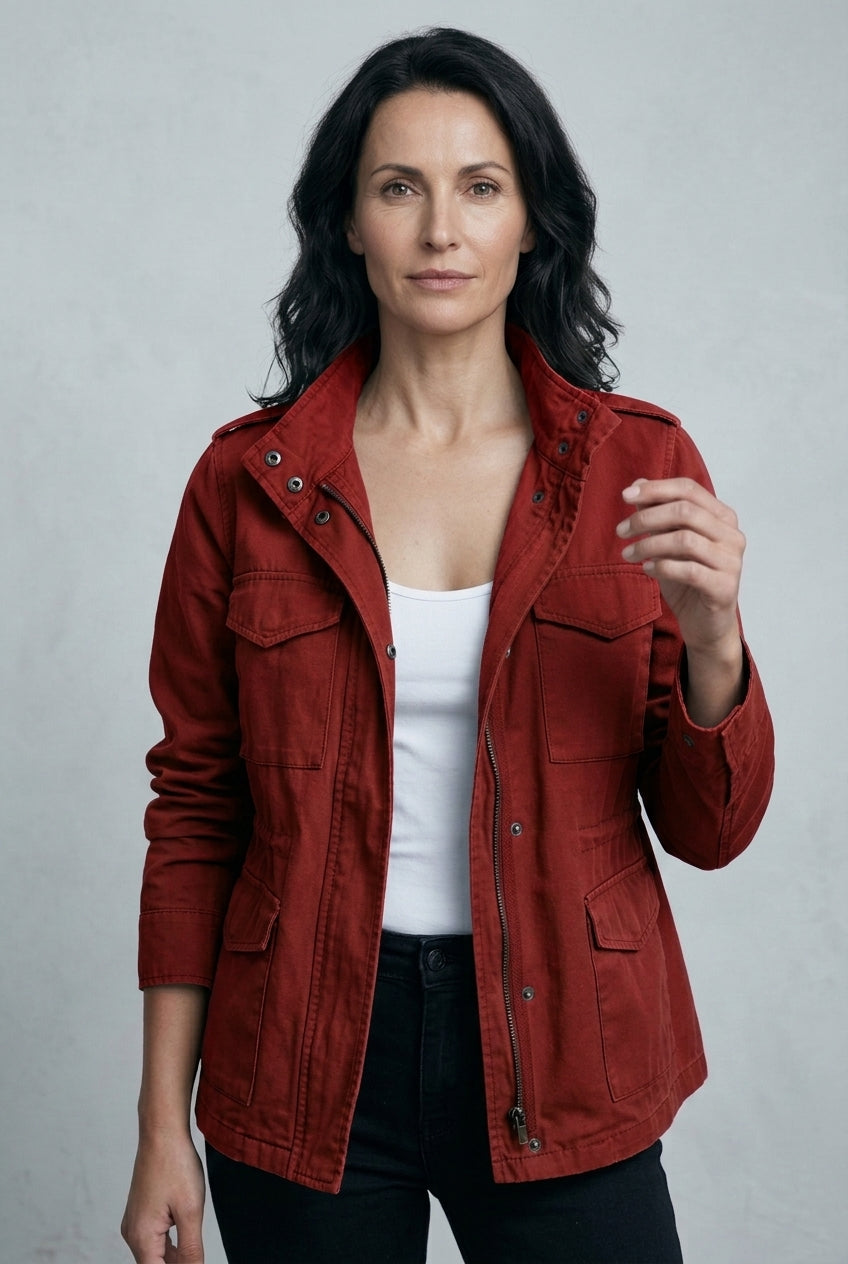 Rosa | Women's Khaki Zip Front Utility Jacket with Pockets Long Sleeve Relaxed Fit