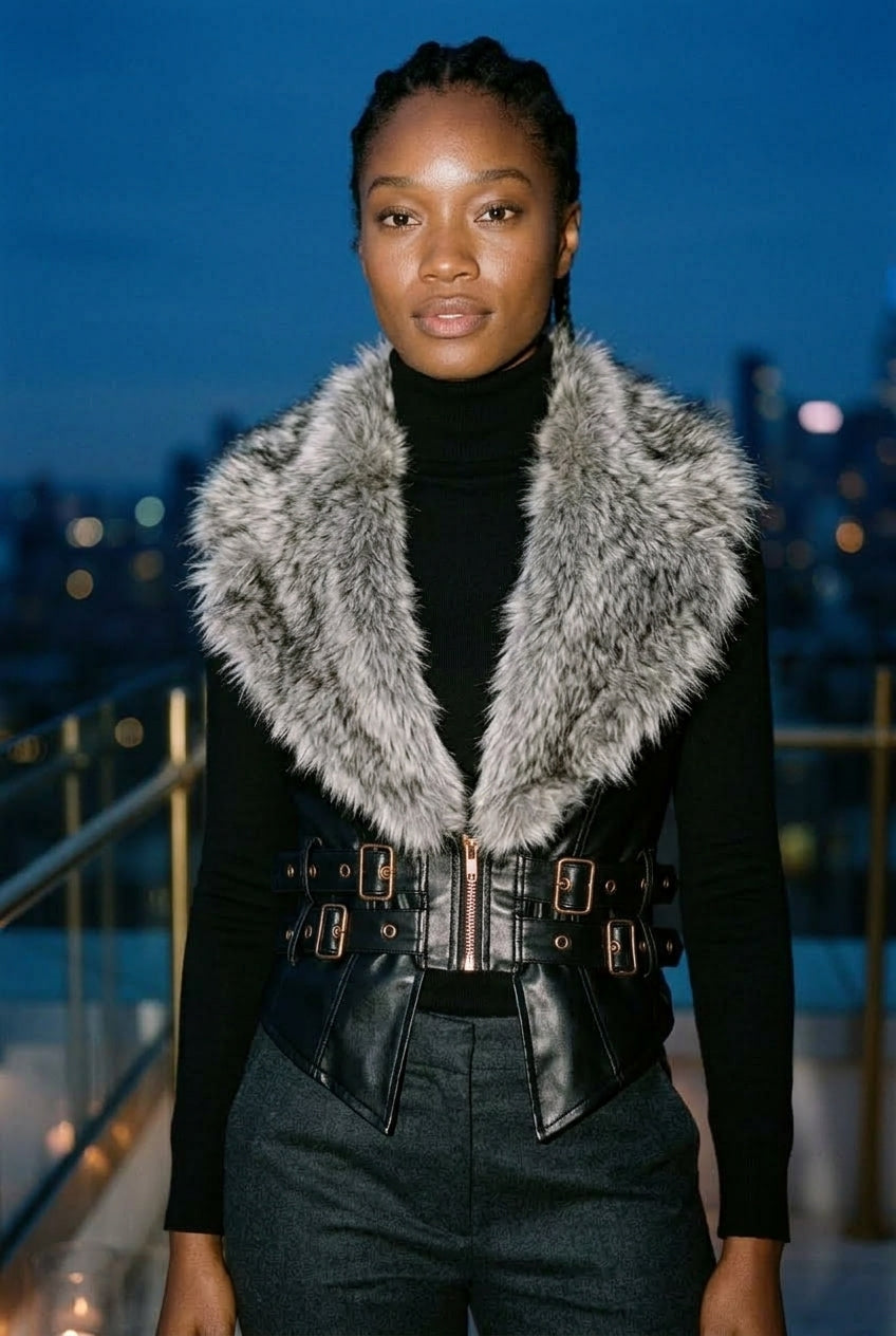Ovara | Cropped Faux Fur Collar Leather Jacket
