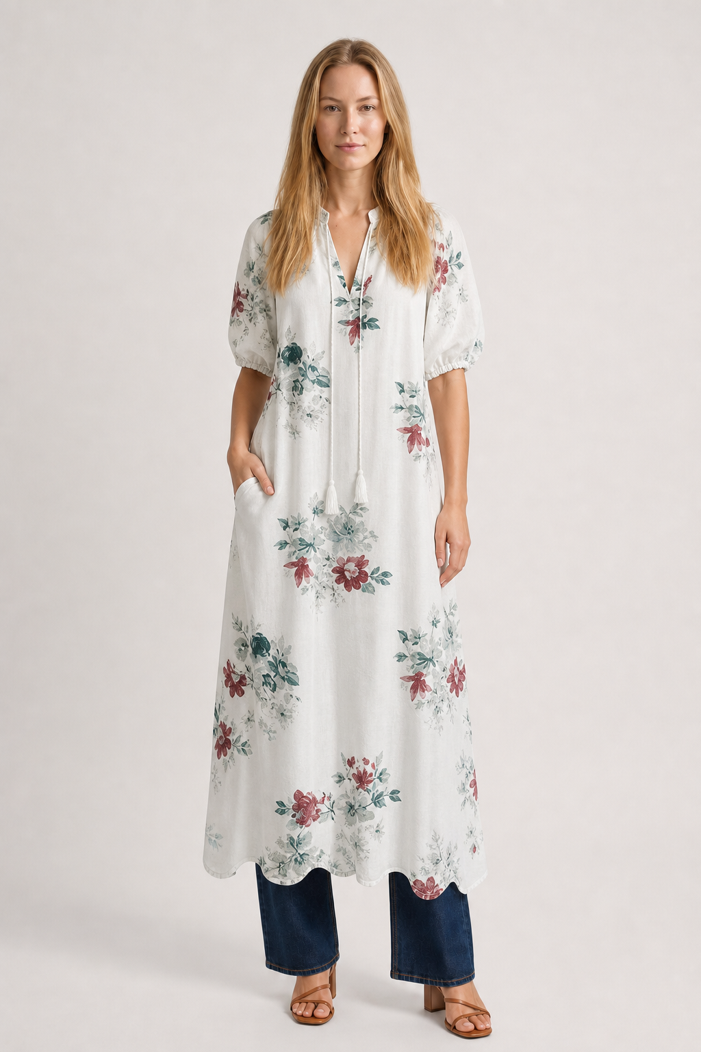 Alia | Women's Boho Dress with V-Neckline Lantern Sleeves A-Line Geometric Print