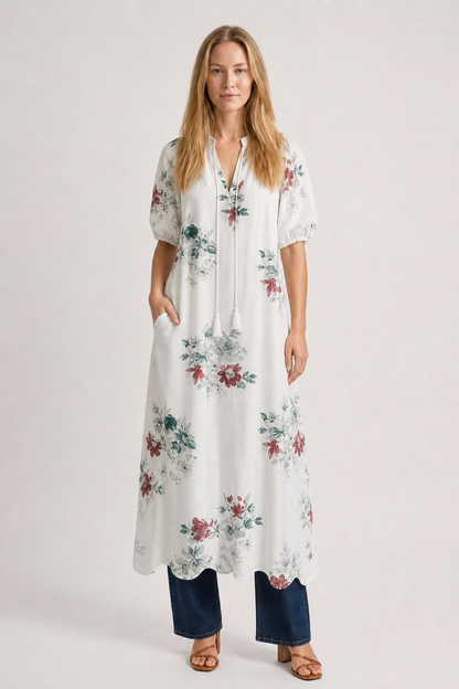 Alia | Women's Boho Dress with V-Neckline Lantern Sleeves A-Line Geometric Print