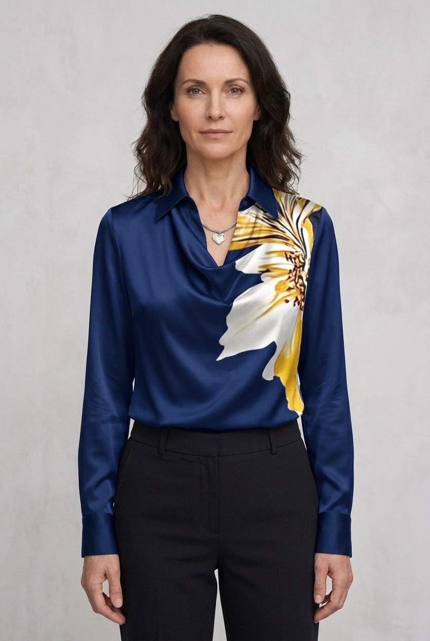 Elegant Draped Neckline Satin Blouse for Women, Long-Sleeve Tailored with Collar Detail, for Work, Office, Evening & Eve