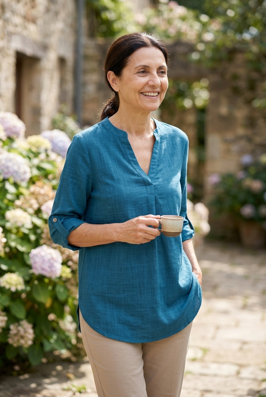 Classic V-Neck Long Sleeve Shirt for Women, Relaxed Tailored Fit Everyday Essential, for Work, Office, Casual & Layering