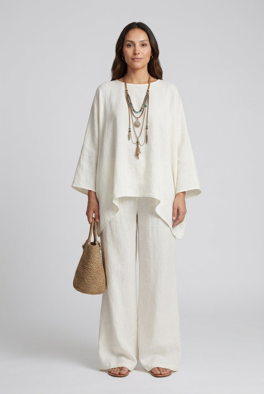 Elegant Wide Sleeve Linen Set for Women, Oversized Top and Wide-Leg Trousers, for Casual, Work, Vacation & Everyday Wear