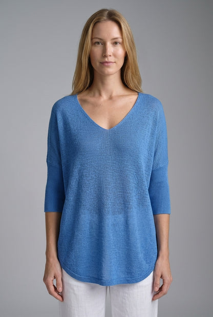 Casual V-Neck 3/4 Sleeve Relaxed Knit Top for Women, Polyester Breathable Plain, for Summer, Everyday & Layering