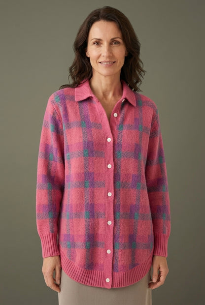 Elegant Checkered Cardigan for Women, Longline Button-Front Cozy Relaxed Fit, for Work, Casual, Everyday & Layering