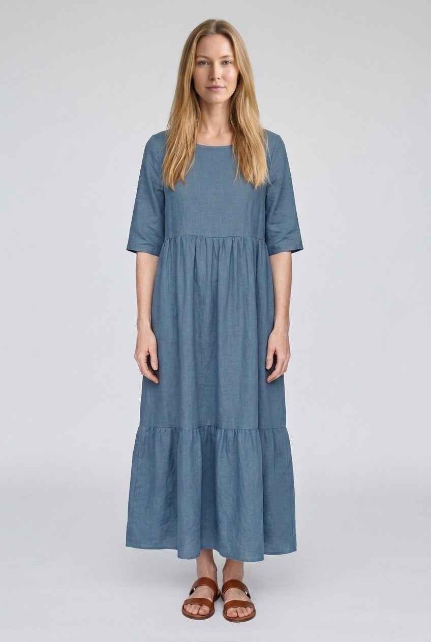 Classic Mid Sleeve Dress for Women, Cotton Relaxed Round Neckline with Pockets, for Spring, Summer & Everyday Wear