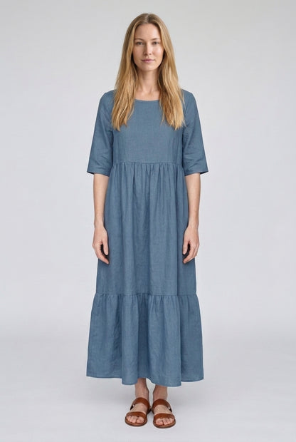 Classic Mid Sleeve Dress for Women, Cotton Relaxed Round Neckline with Pockets, for Spring, Summer & Everyday Wear