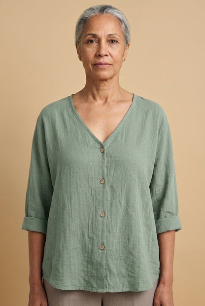 Casual Relaxed Button-Up Blouse for Women, V-Neck Roll Sleeve, for Everyday, Brunch, Weekend & Casual Wear