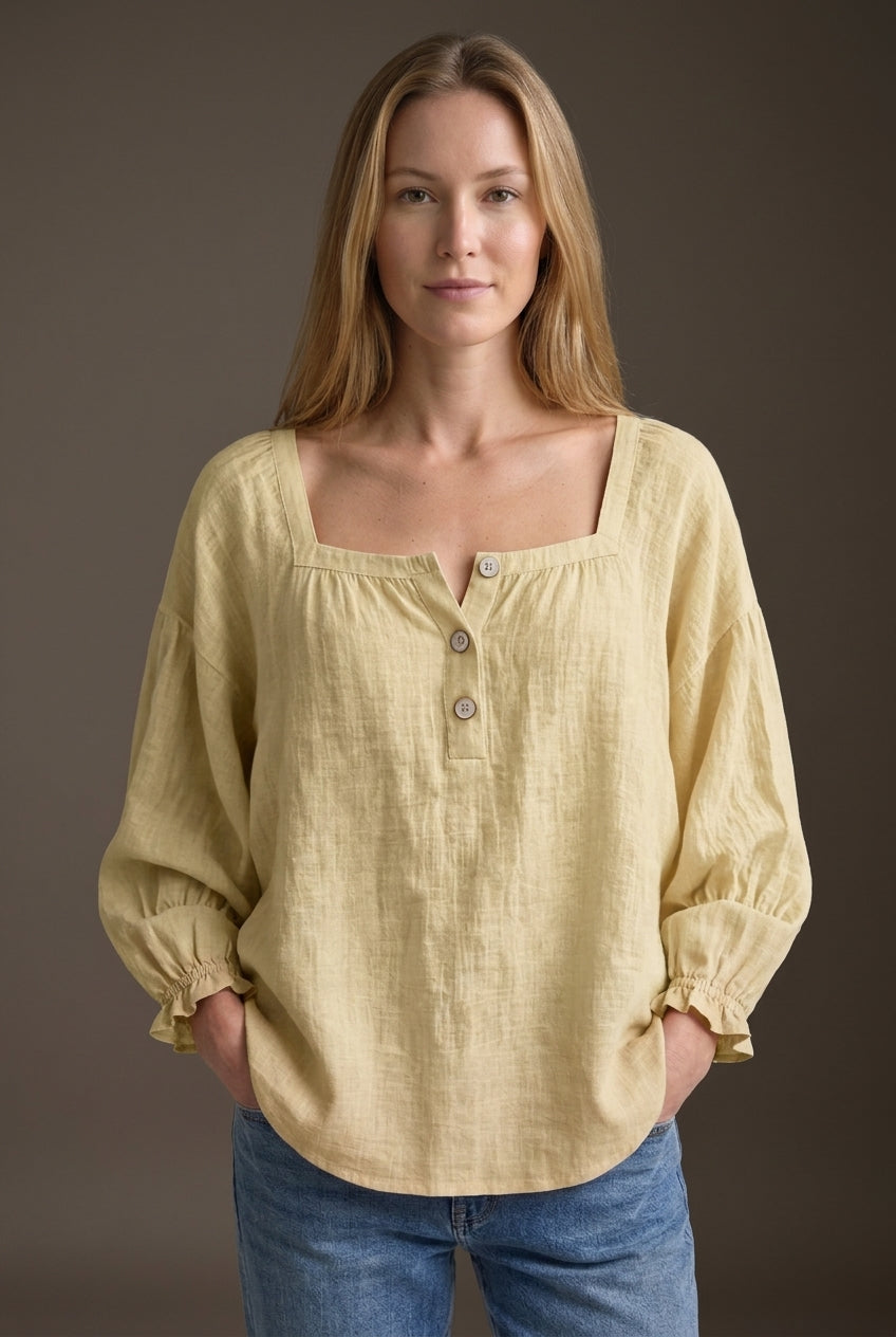 Relaxed Puff Sleeve Blouse for Women, Square Neckline Button-Front Long Sleeve, for Work, Casual, Everyday & Brunch