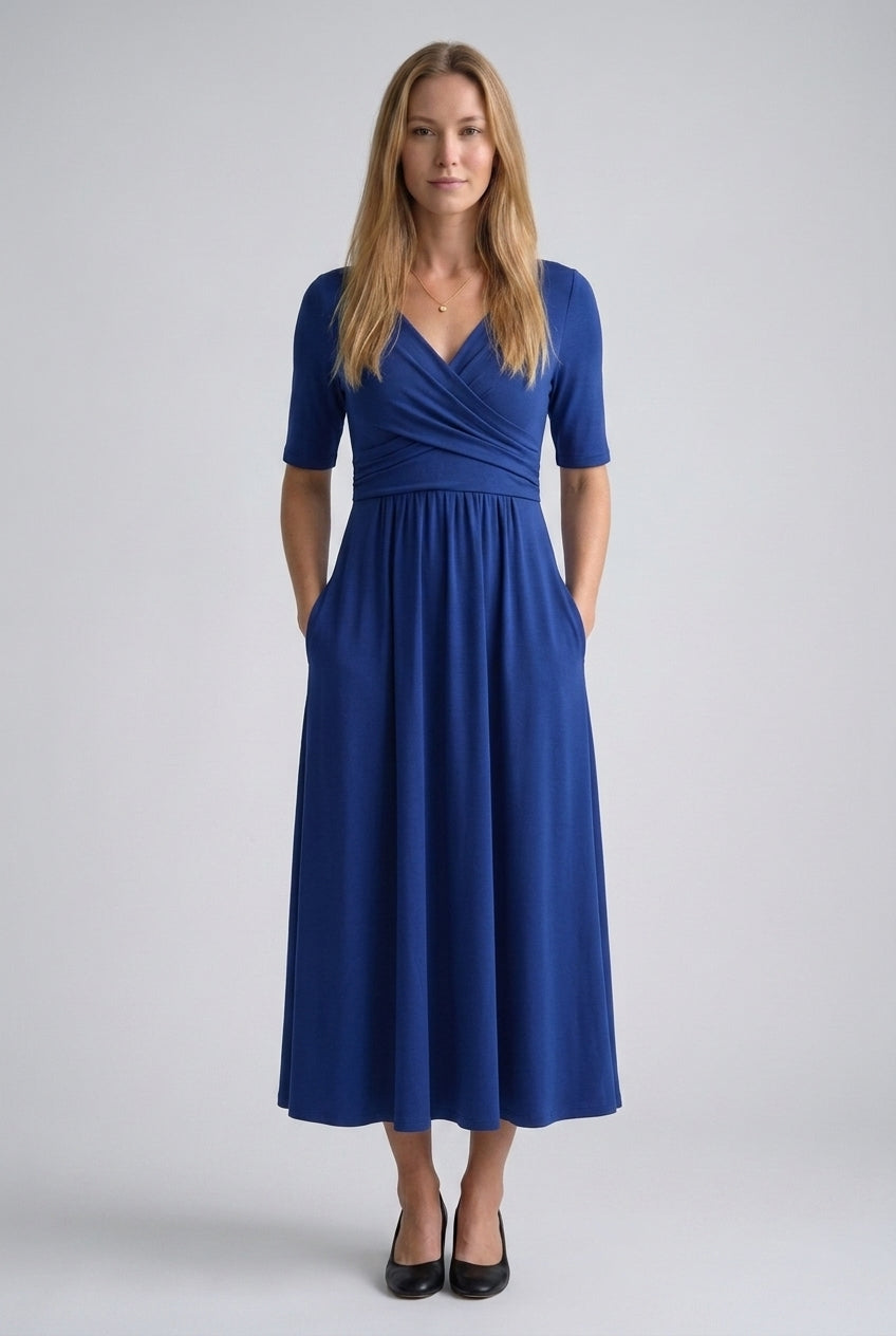 Casual V-Neck Midi Dress for Women, Wrap-Style Elbow-Sleeve Pleated with Pockets, for Office, Brunch, Lunch & Everyday W