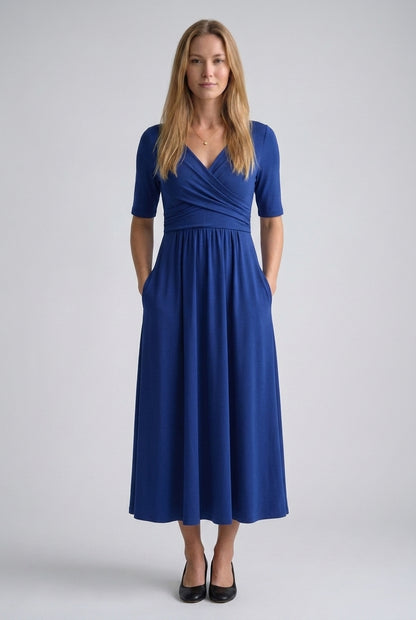 Casual V-Neck Midi Dress for Women, Wrap-Style Elbow-Sleeve Pleated with Pockets, for Office, Brunch, Lunch & Everyday W
