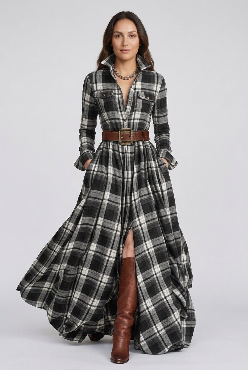 Belted Shirt Dress for Women, Plaid Tailored Flared Midi with Collar & Pockets, for Work, Brunch, Casual & Everyday Wear