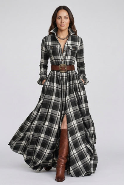 Belted Shirt Dress for Women, Plaid Tailored Flared Midi with Collar & Pockets, for Work, Brunch, Casual & Everyday Wear