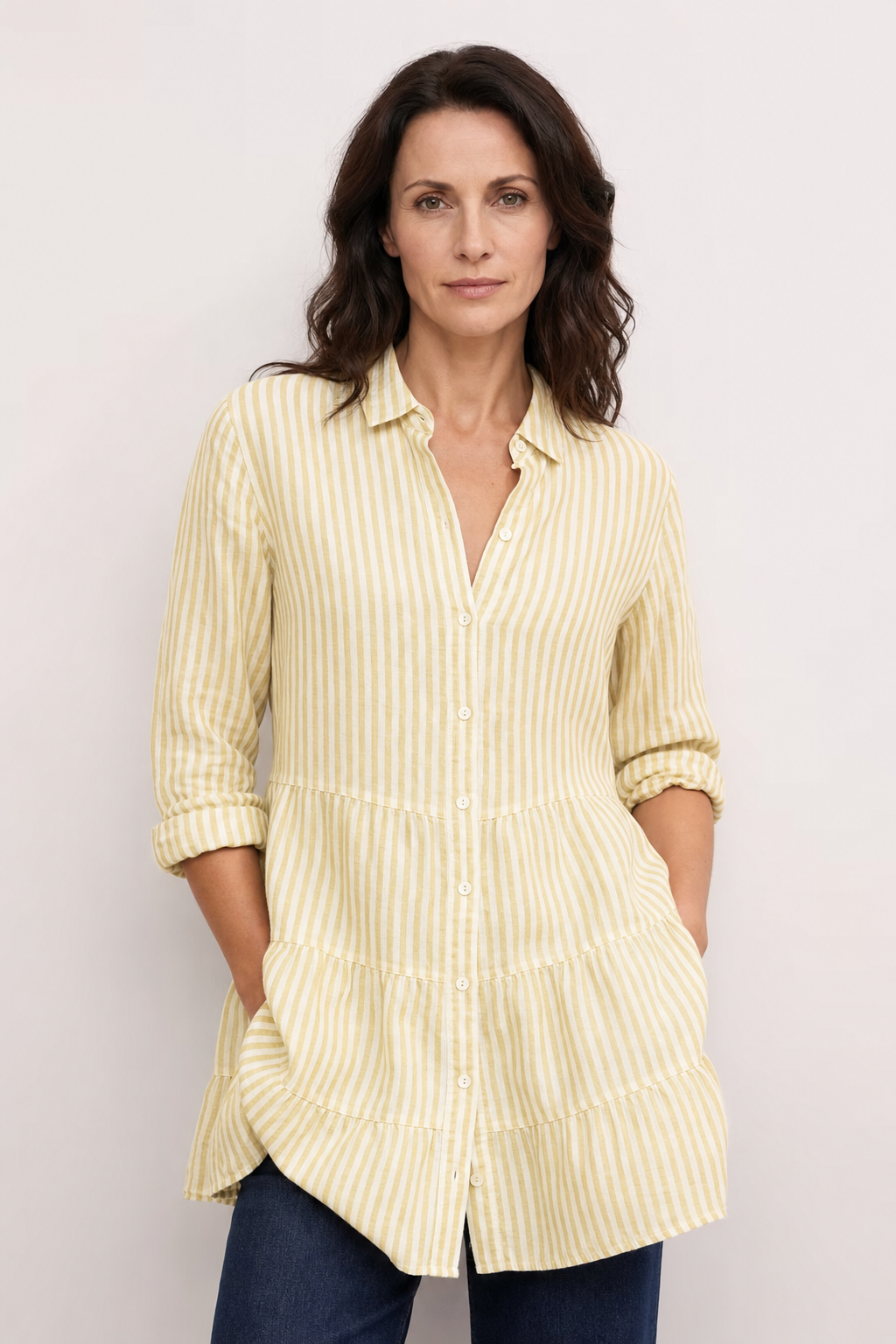 Mira | Women's Linen Striped Collared Tiered Button-Down Dress