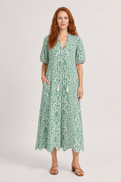 Alia | Women's Boho Dress with V-Neckline Lantern Sleeves A-Line Geometric Print