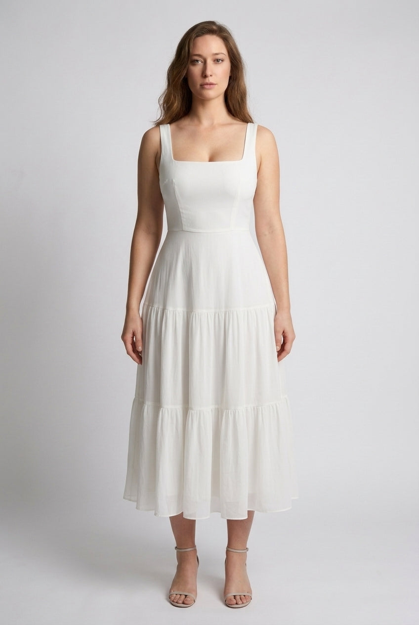Elegant Sleeveless Square Midi Dress for Women, Tailored Bodice Flowing Skirt, for Weddings, Formal Events, Brunch & Spe