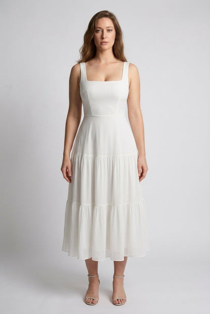 Elegant Sleeveless Square Midi Dress for Women, Tailored Bodice Flowing Skirt, for Weddings, Formal Events, Brunch & Spe