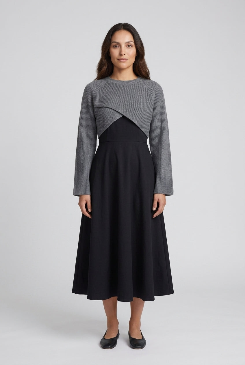 Versatile 2-in-1 Knit Dress Set for Women, A-Line Dress with Cropped Sweater Layer, for Work, Casual, Date Night & Every