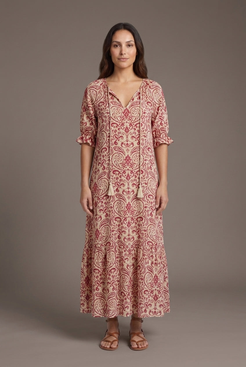 Boho A-Line Dress for Women, Lantern Sleeve V-Neck Geometric Print, for Vacation, Casual, Date Night & Everyday