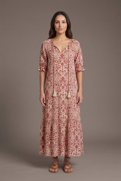 Boho A-Line Dress for Women, Lantern Sleeve V-Neck Geometric Print, for Vacation, Casual, Date Night & Everyday