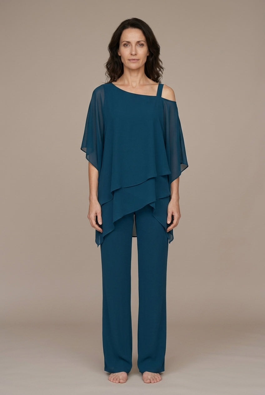 Elegant Two-Piece Layered Set for Women, Soft Flowing Lightweight Relaxed Silhouette Wide-Leg Pants, for Weddings, Dinne