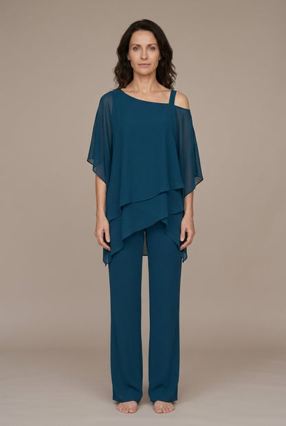 Elegant Two-Piece Layered Set for Women, Soft Flowing Lightweight Relaxed Silhouette Wide-Leg Pants, for Weddings, Dinne