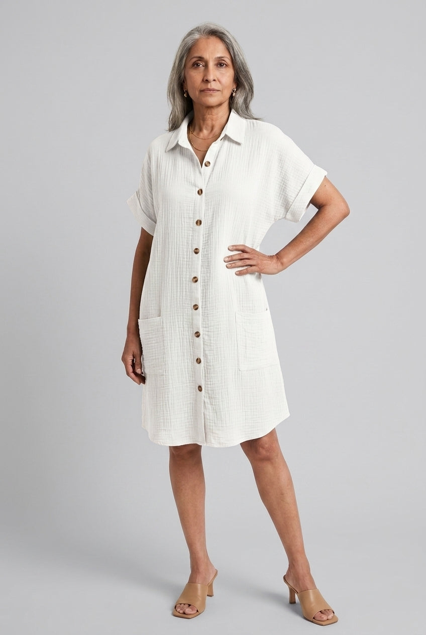 Elegant V-Neck Blouse Dress for Women, Soft Lightweight Button-Front, for Work, Brunch, Evening & Everyday Wear