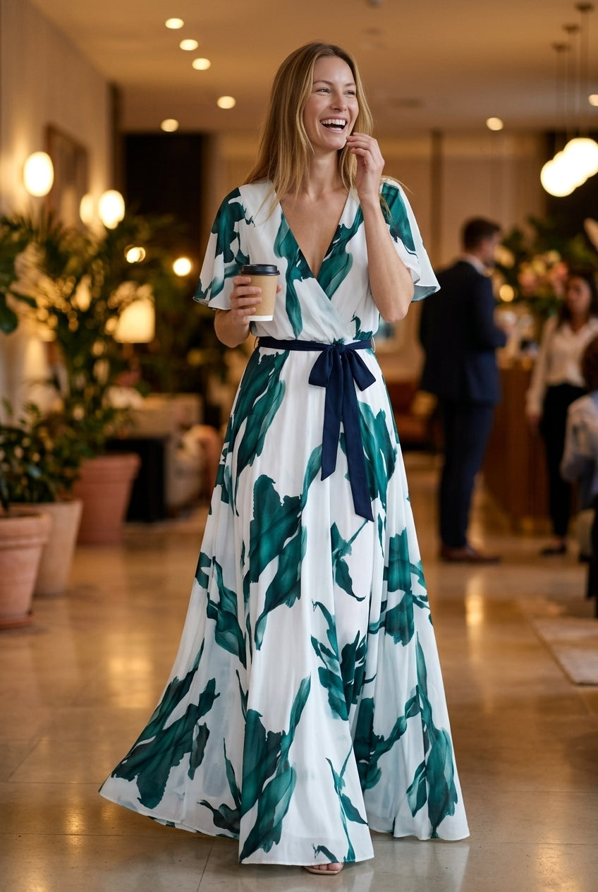 Watercolor Print Long Dress for Women, V-Neck Tie-Waist Lightweight Silk-Blend, for Weddings, Evening & Vacation