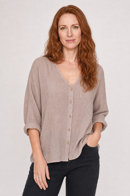 Rina | Women's Casual Cotton V-Neck Button-Front Three-Quarter Sleeve Top