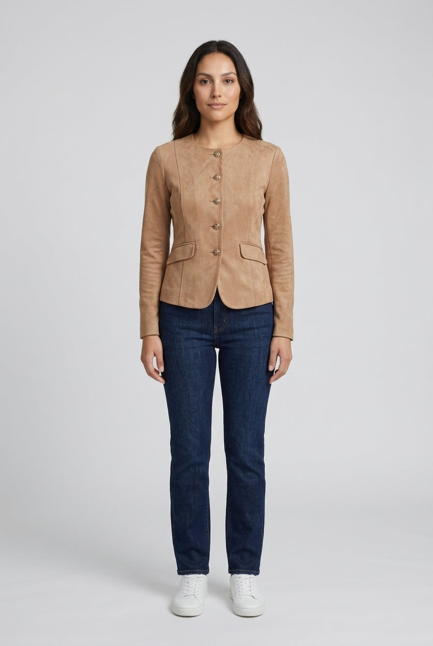 Alda | Women's Collarless Gold Button Long Sleeve Tailored Jacket
