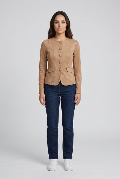 Alda | Women's Collarless Gold Button Long Sleeve Tailored Jacket
