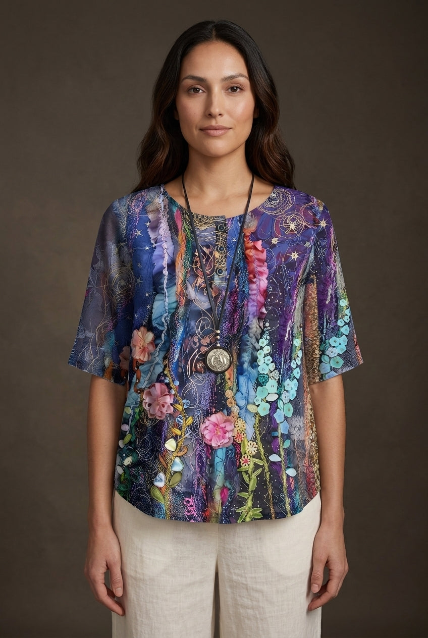 Relaxed Boho Top for Women, Mixed-Print Summer Lightweight, for Casual, Everyday & Vacation Wear