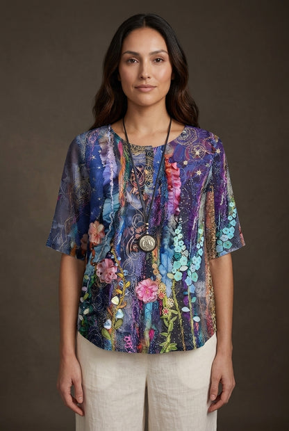 Relaxed Boho Top for Women, Mixed-Print Summer Lightweight, for Casual, Everyday & Vacation Wear