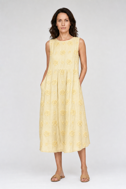 Lena | Women's Cotton Embroidered Sleeveless Midi Dress