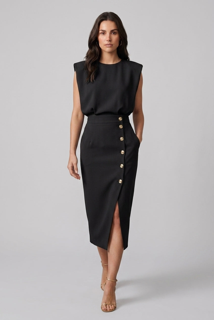 Elegant Midi Dress for Women, Sculpted Waist Side Slit Structured Shoulders, for Office, Events & Everyday Wear