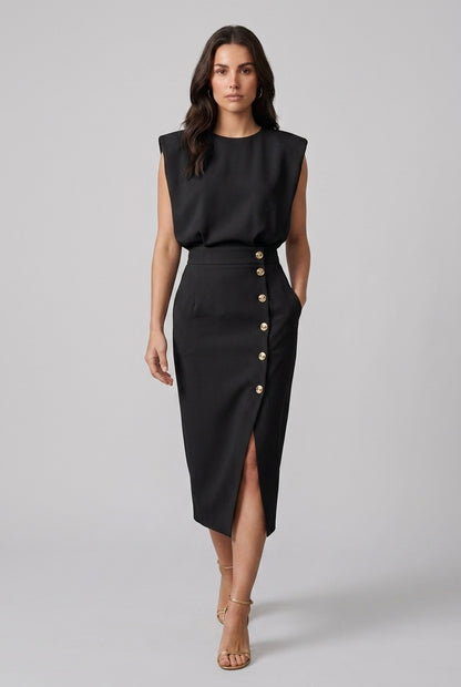 Elegant Midi Dress for Women, Sculpted Waist Side Slit Structured Shoulders, for Office, Events & Everyday Wear