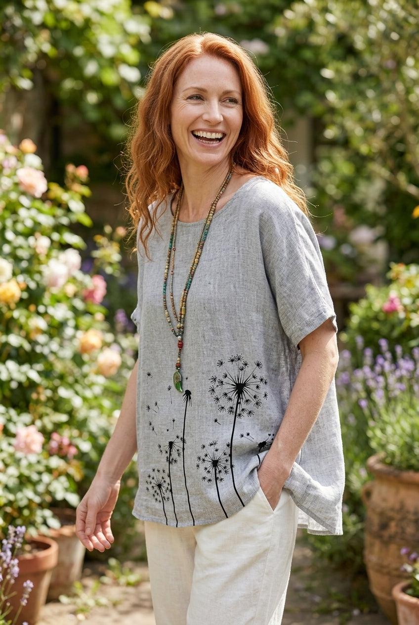 Women's Summer Dandelion Print Relaxed Short Sleeve Top