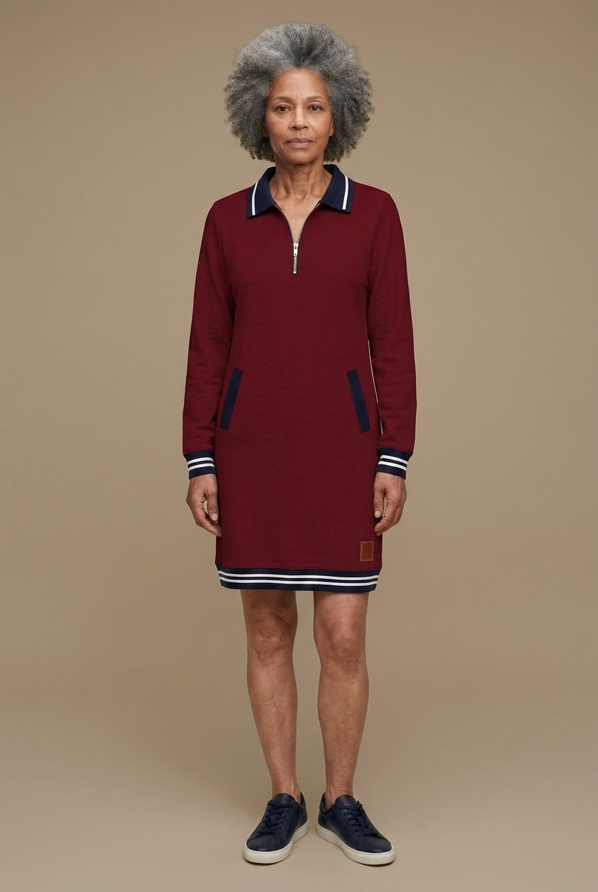 Elegant Long Sleeve Collar Dress for Women, Cotton Blend Straight Cut with Front Zipper & Pockets, for Work, Office, Cas